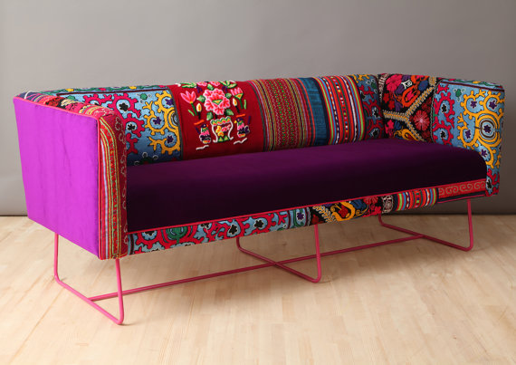 Handmade three seater sofa upholstered with colorful vintage Suzani, Thai Hmong and purple velvet fabrics