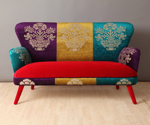 Handmade two seater sofa upholstered with colourful Gobelin and red velvet fabrics mix