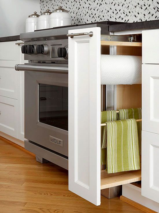  linens and paper towels out of sight with built-in kitchen storage