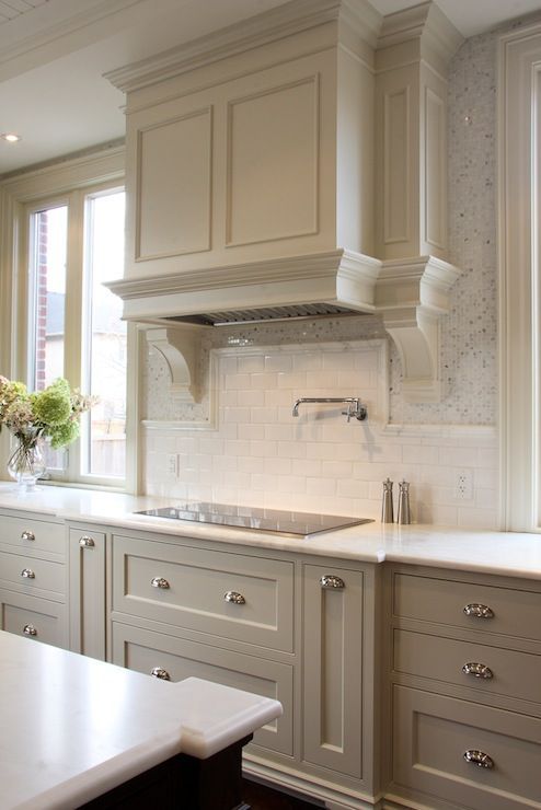 timeless gray beige moca kitchen with white subway tile