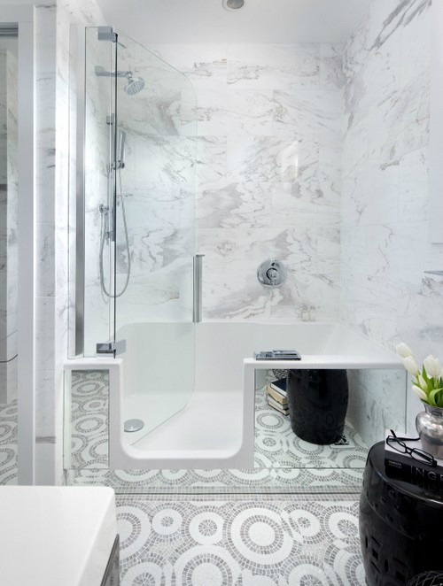 white and marble elements in bathroom