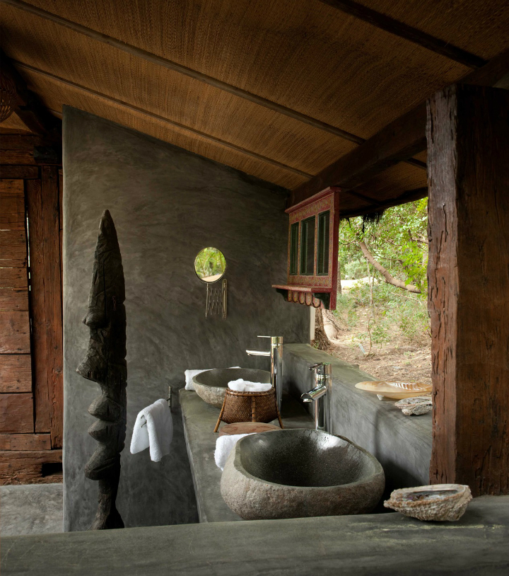gray and wood tropical style bathroom design
