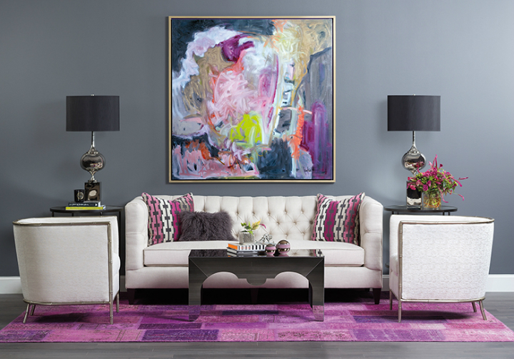 high fashion home gray wall white sofa purple rug living room