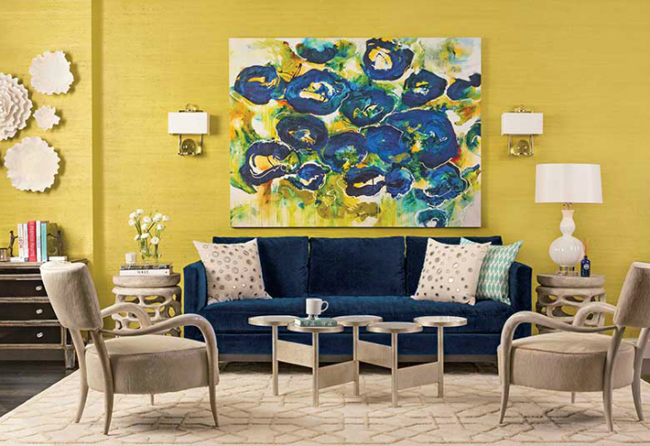 high fashion home mustard wall blue sofa and art living room idea 