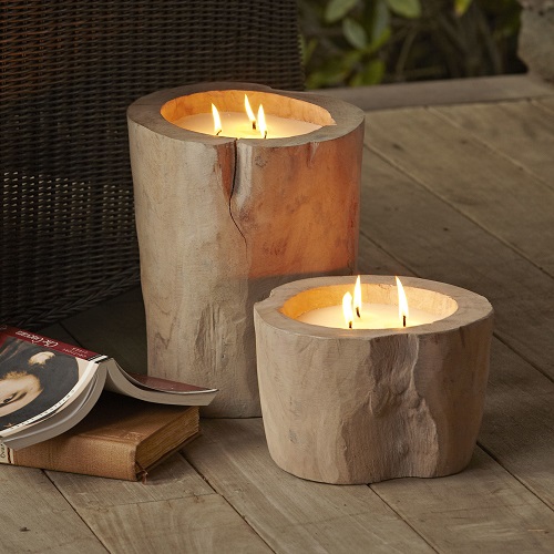outdoor-inspired, handcrafted wood pepper log candle