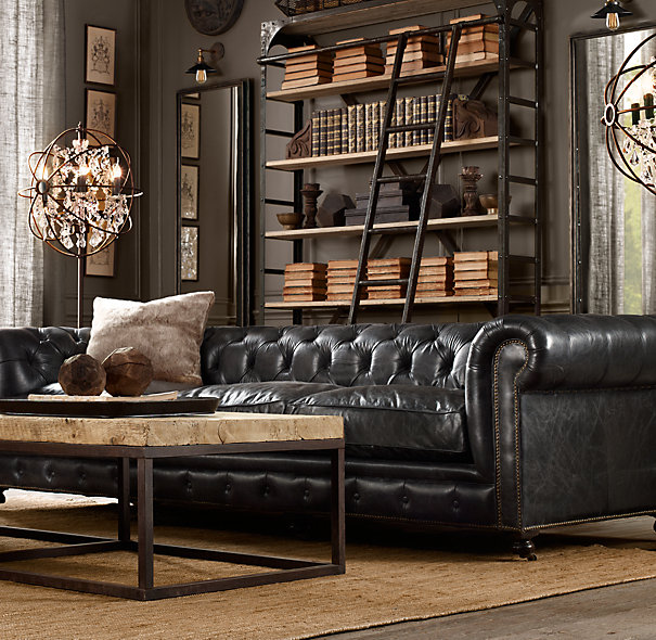 dark masculine living room decoratin ideas with black leather sofa