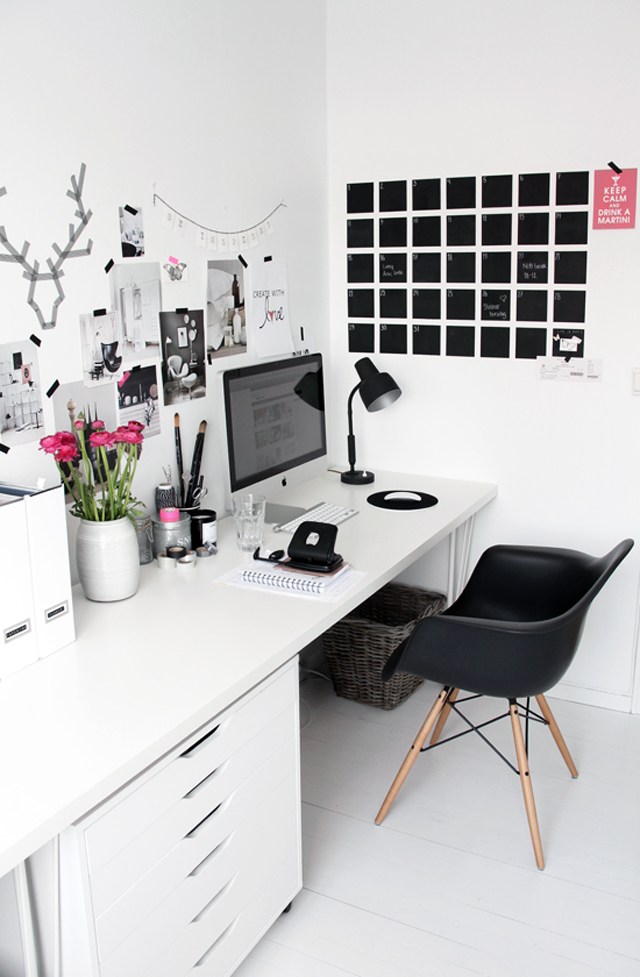 feminine black and white home office mood board idea