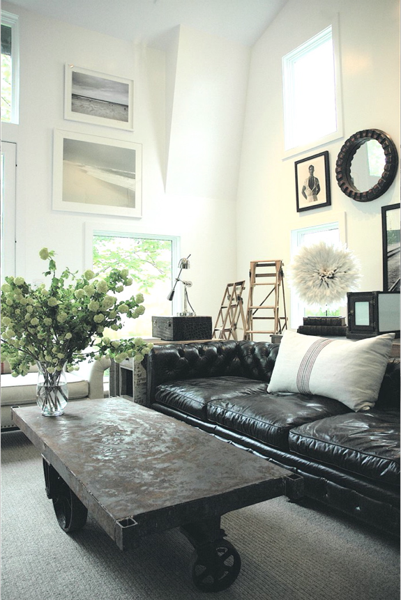 Industrial Style living room with black leather sofa and wal art collection decor