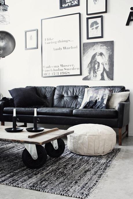 Industrial style living room with black leather sofa