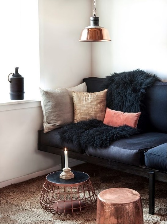 Copper And Black living room decoratin ideas with black leather sofa
