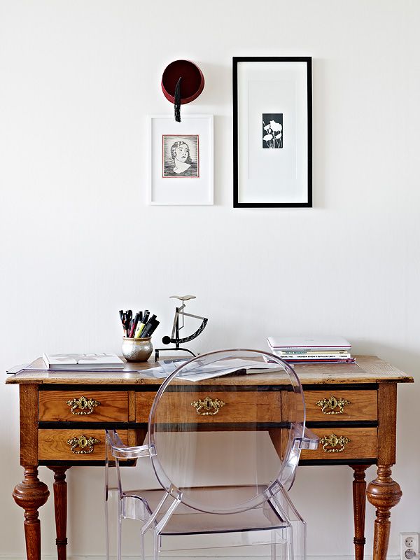 antique desk with modern ghostohhost chair