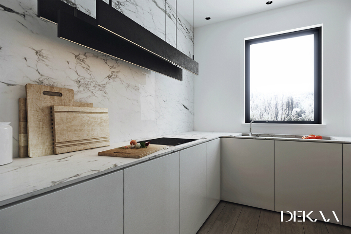 contemporary minimalist kitchen decorated with white marble worktop and backshplash 