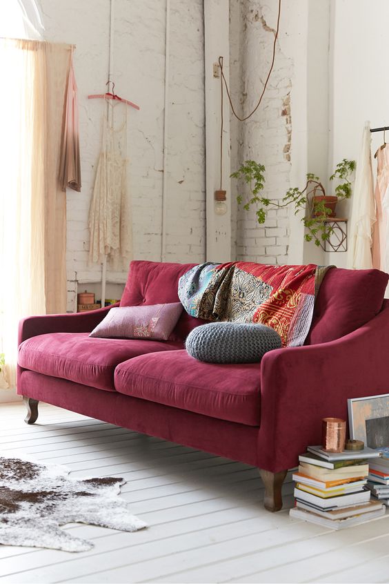 maroon red velvet sofa