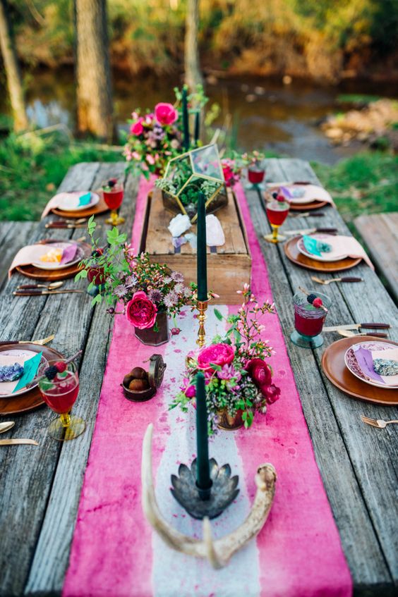 pink tie-dye tablecloth boho table setting