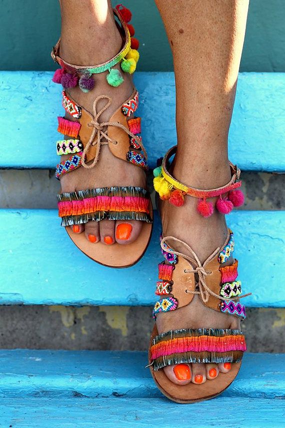 bohemian chic leather sandal with multicolor woven straps