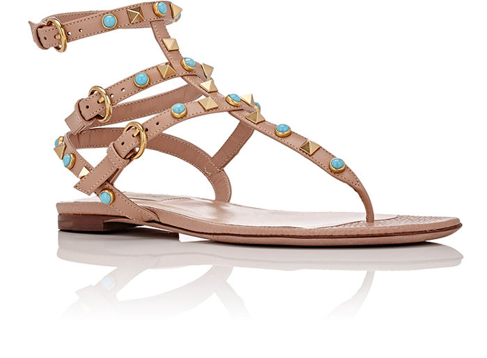 Valentino beige grained leather Rockstud gladiator sandals embellished with turquoise cabochons and the house's goldtone signature pyramid studs
