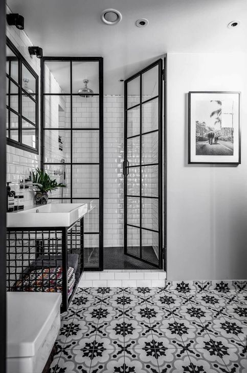black and white bathroom with retro tiles