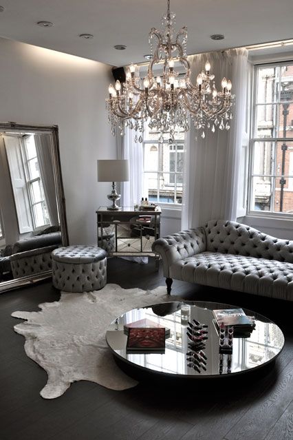 elegant living room with large chandelier