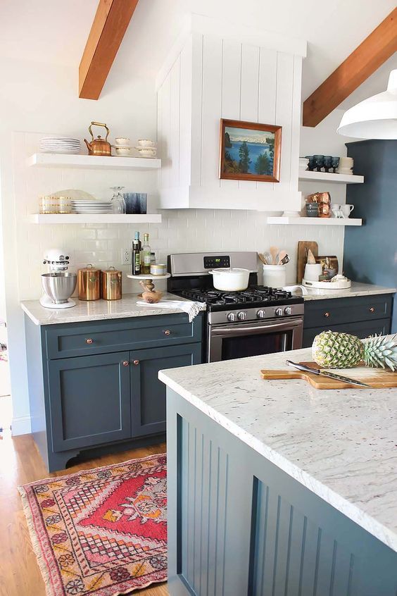 white and blue kitchen wall