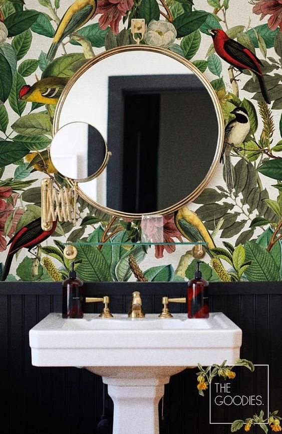 Botanical wallpaper bathroom design idea