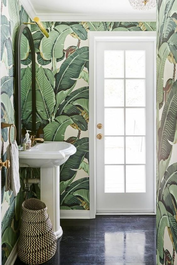 banana leaves bathroom wallpaper design idea