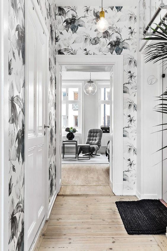 hallway black and white floral wallpaper idea