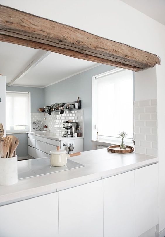 white white Scandinavian kitchen design with no handles