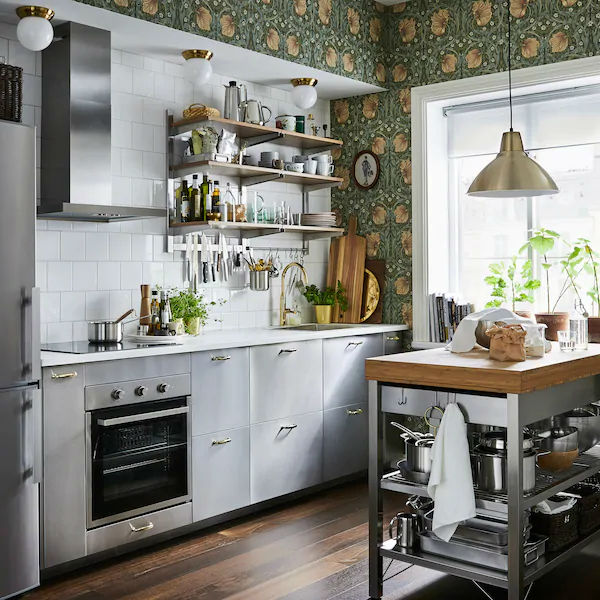 Scandinavian kitchen with green wallpaper