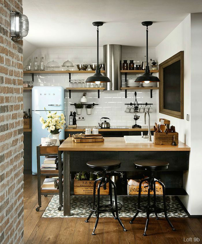Industrial Scandinavian black kitchen with open shelves