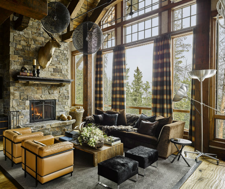 high ceiling rustic stone living room