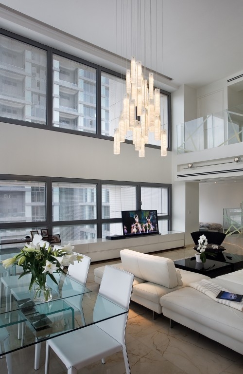 modern living room with great chandelier