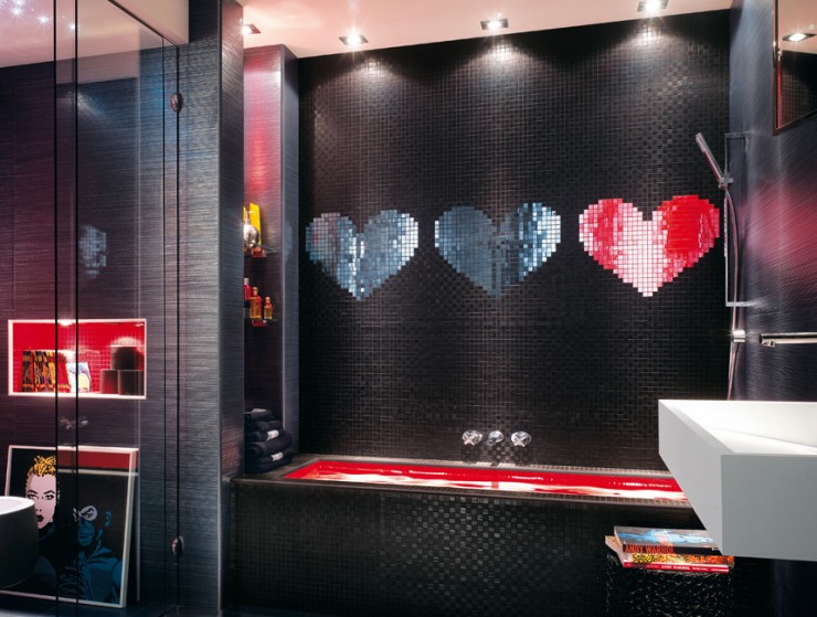 black and red modern mosaic bathroom design