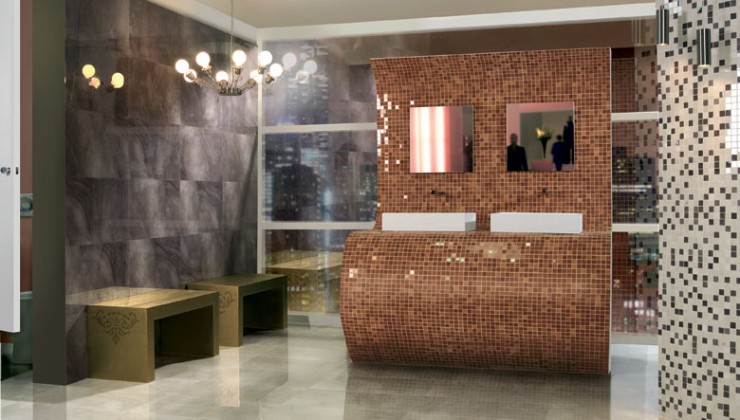 bronze gold  curved mosaic bathroom