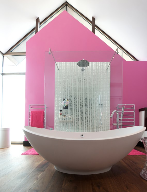 pink with silver glass mosaic bathroom