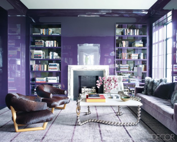 purple contemporary living room with silver coffee table