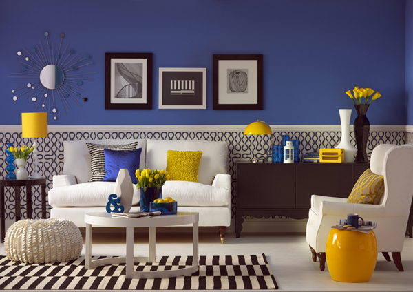 deep blue living room with yellow decorating ideas