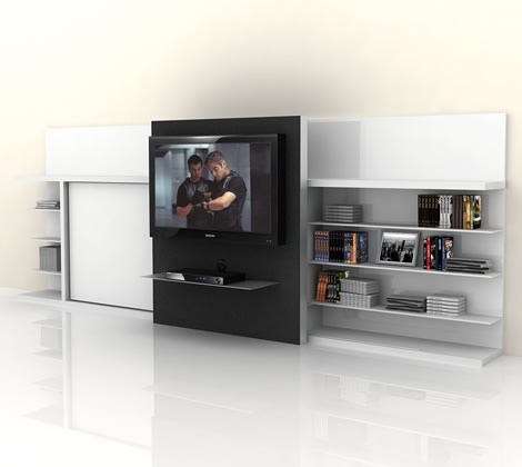 a tv set with shelves nearby