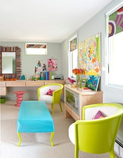 colorful living room with Chartreuse chairs