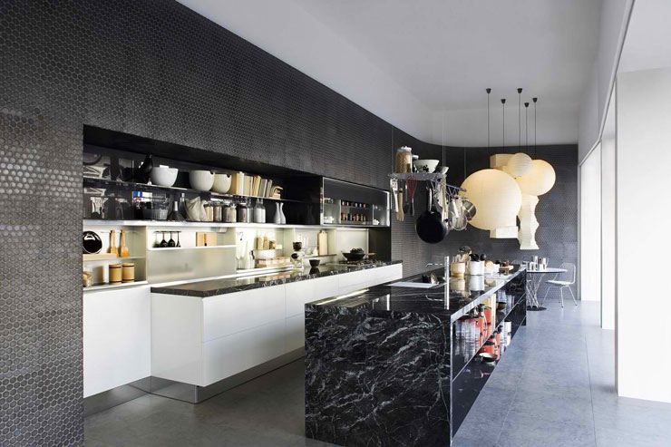 elegant kitchen with black marble island