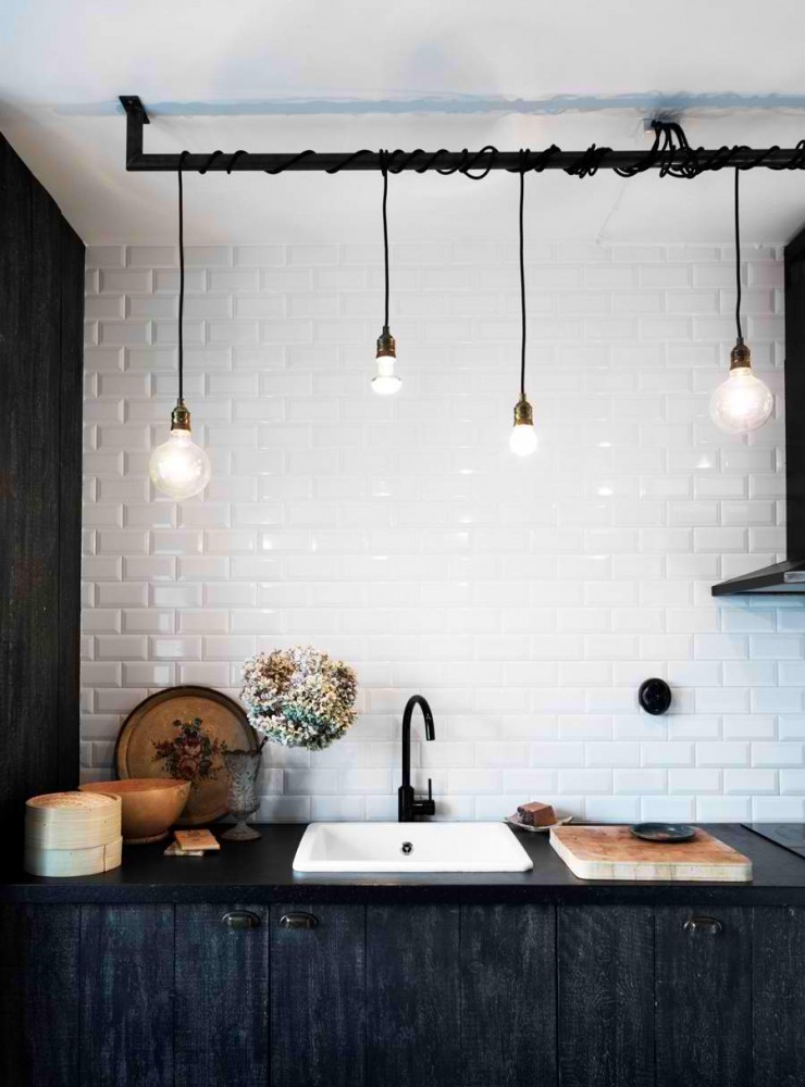 art deco kitchen design with hanging lamps