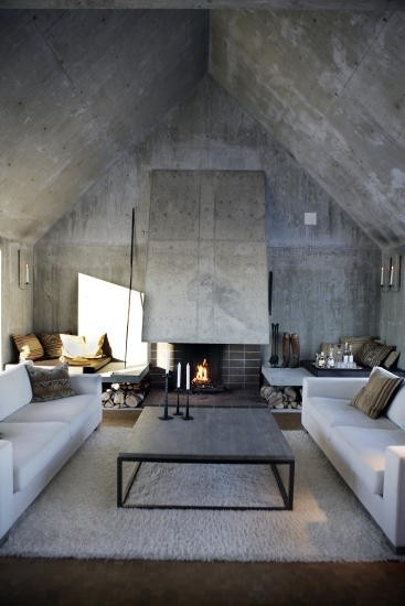 modern concrete living room and fireplace