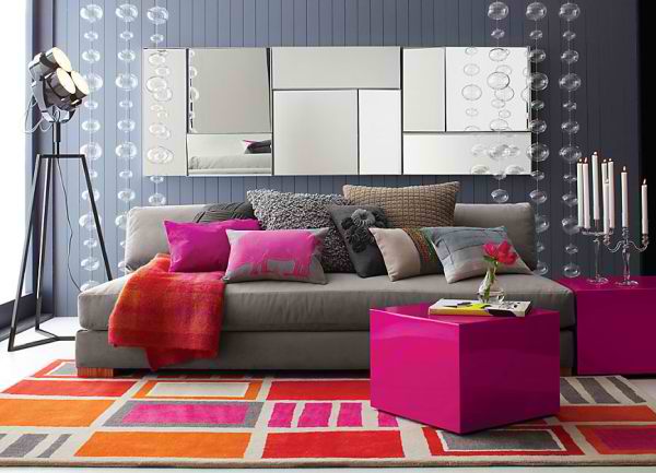 gray living room with fuchsia accents