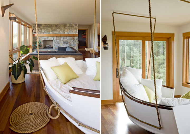 Boat converted to swinging day bed