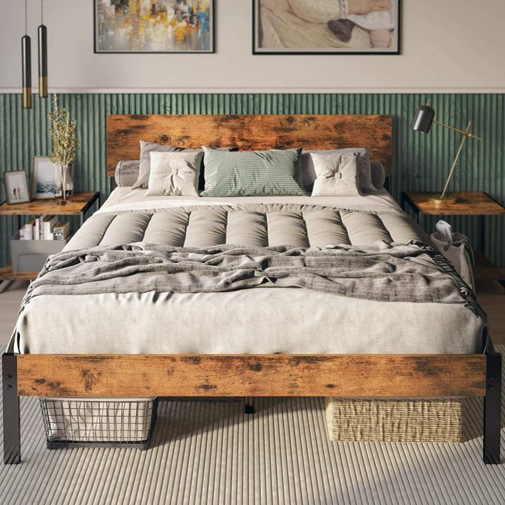 LIKIMIO Queen Bed Frame with Headboard, Strong Steel Slat Support, Tool-Free Assembly, Underbed Storage Space, No Box Spring Needed