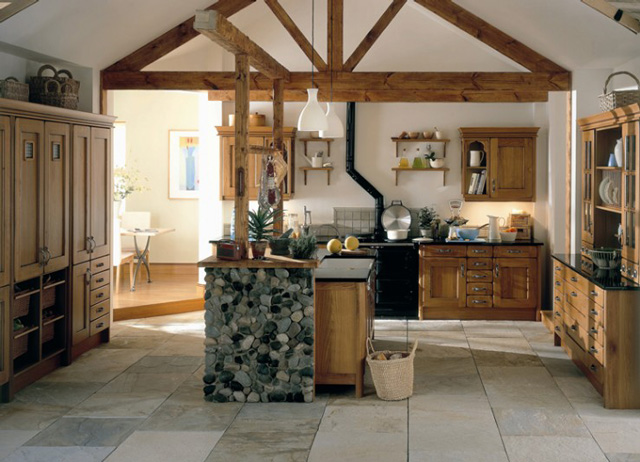 traditional wood kitchen with stone