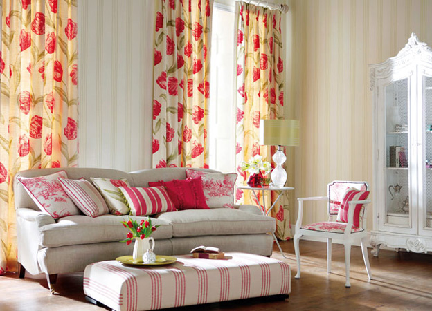 living room with tulips curtains