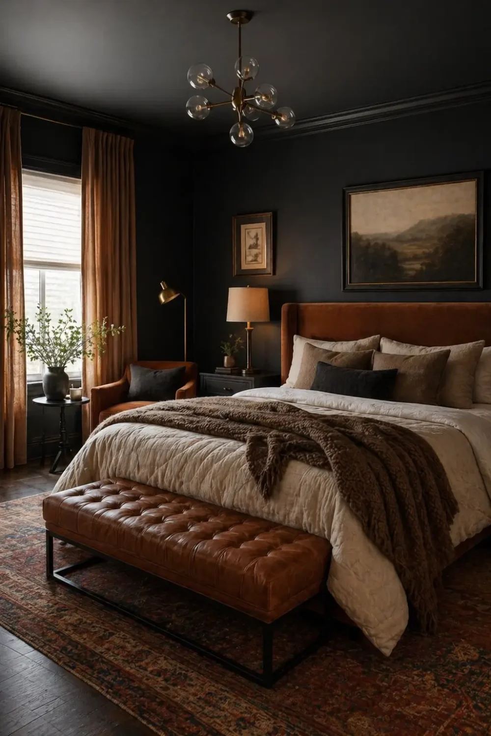 Cozy dark bedroom with charcoal walls, brown upholstered bed, leather bench, warm neutral textiles, soft lighting, and layered modern classic decor