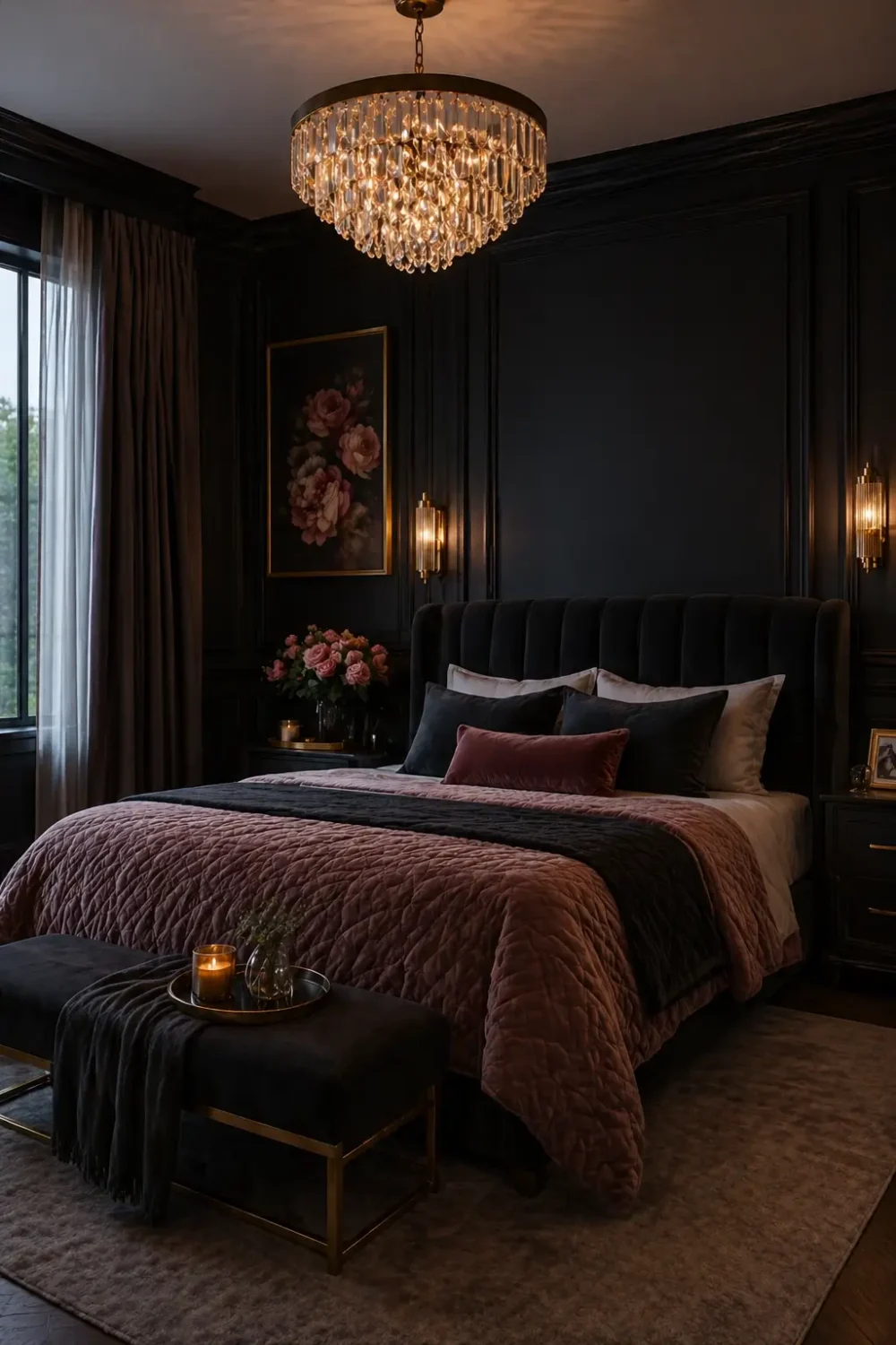 Dark luxury bedroom with black paneled walls, velvet bed in blush and charcoal tones, crystal chandelier, warm ambient lighting, and elegant gold accents