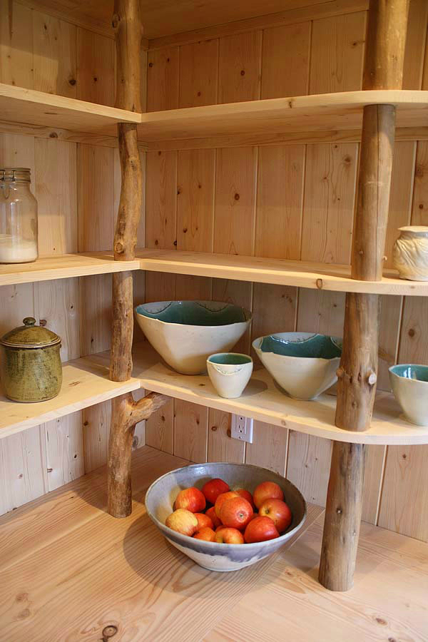 kitchen pantry Open shelving with driftwood supports 