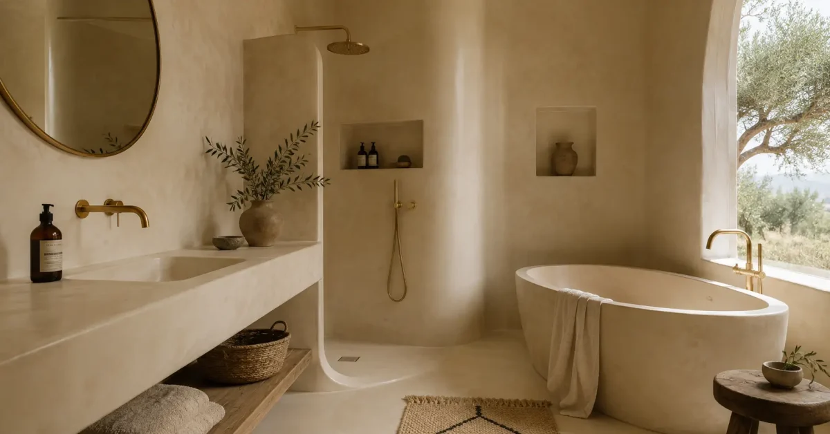 Luxury tadelakt bathroom with seamless beige plaster walls, curved walk-in shower, freestanding bathtub, and organic Mediterranean-inspired design.